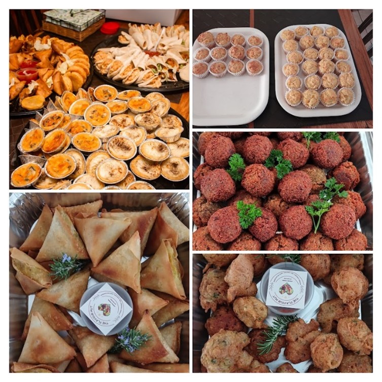 Variety of savoury foods made by The Flavour Hut including samoosas, meatballs, ither delicious things