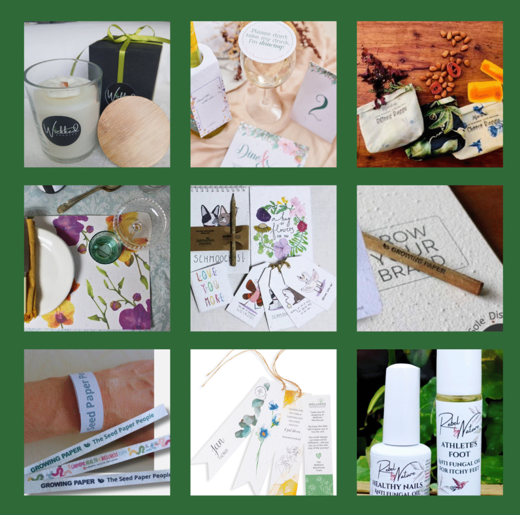 Gallery collage of nine sustainable and eco-friendly products sold by the company, Growing Slowly.