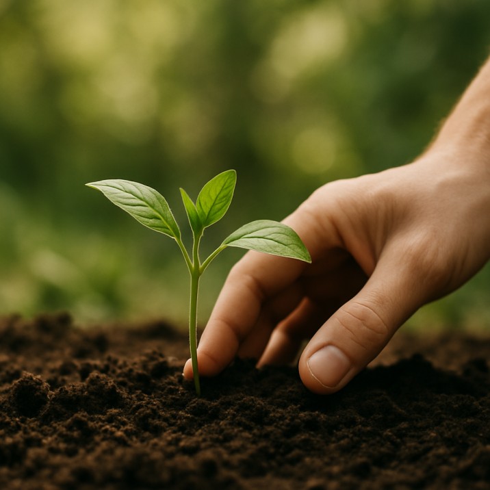 Seedling growing from the soil with a hand pressing the soil.
