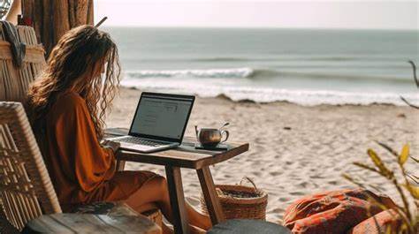Woman working on her laptop on a beach