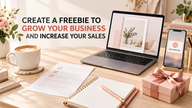 A laptop, coffee mug, notebook and checklist, showing the stages of a freebie creation and its all in feminine colours. The text overlay says, "CREATE A FREEBIE TO GROW YOUR BUSINESS AND INCREASE YOUR SALES."