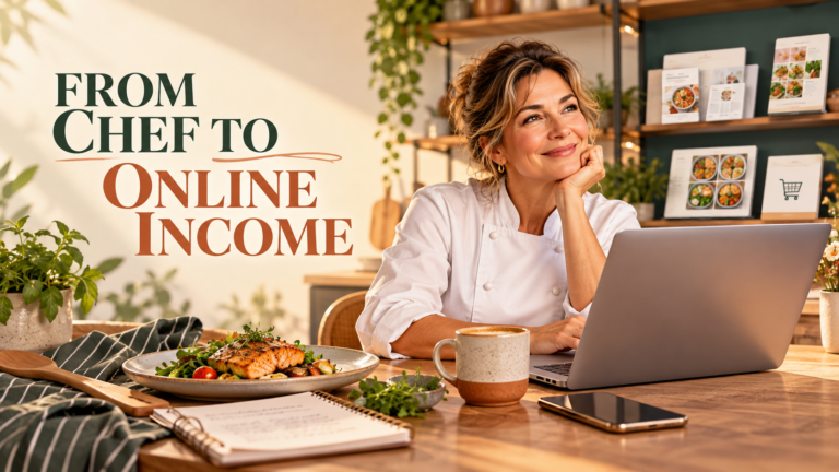 Woman chef sitting at her laptop smiling as she works on her online chef business.